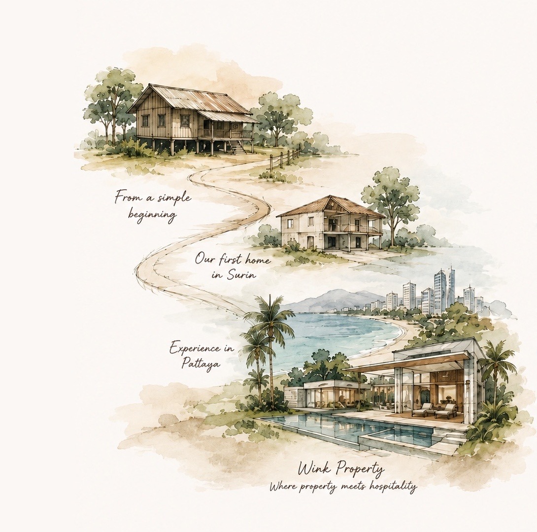 Watercolor illustration of a winding path from a simple wooden house, to a first home in Surin, to a coastal experience in Pattaya, ending at Wink Property with a pool